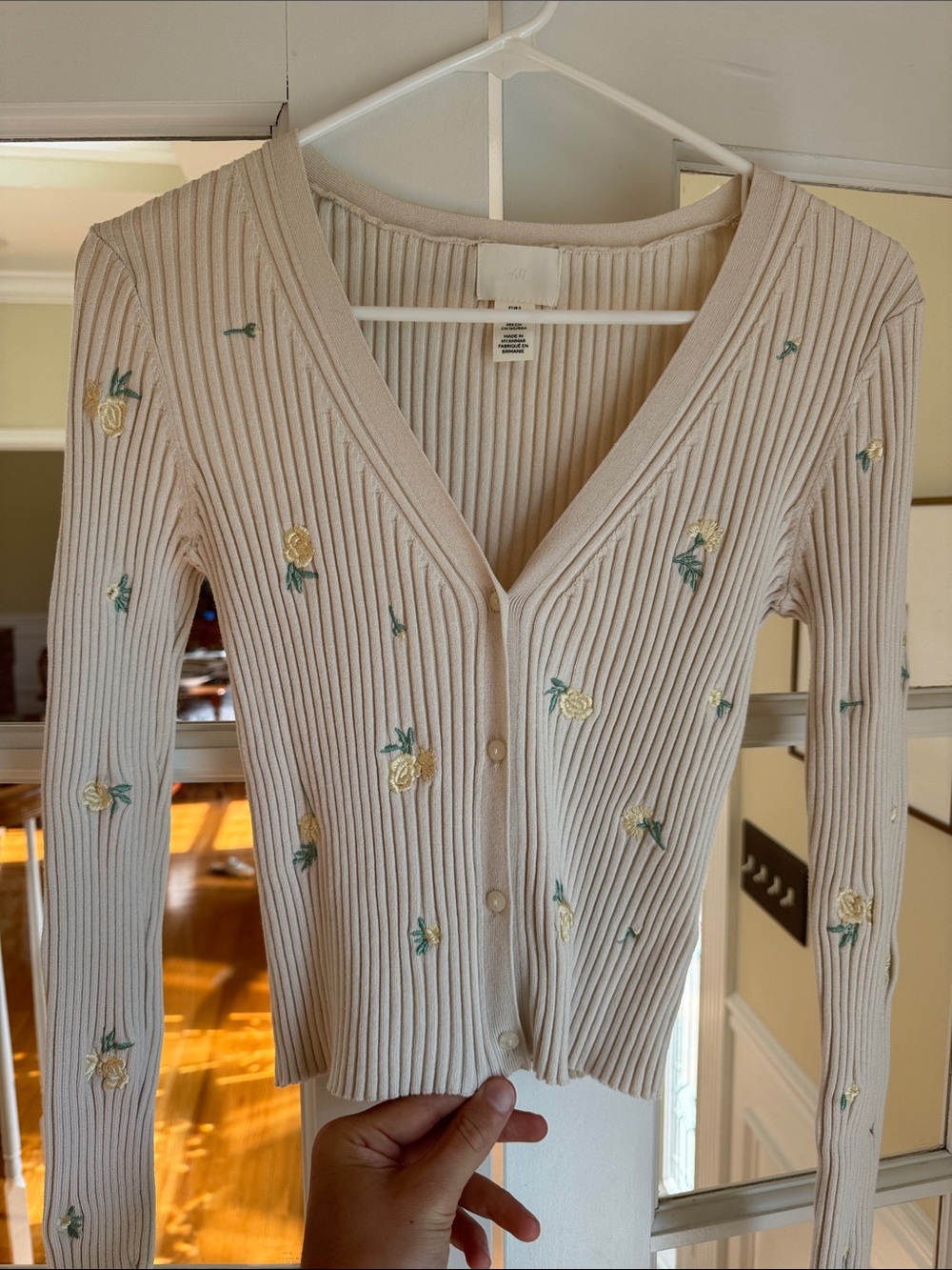 H&M Cream Ribbed V-Neck Cardigan with Yellow Rose Embroidery